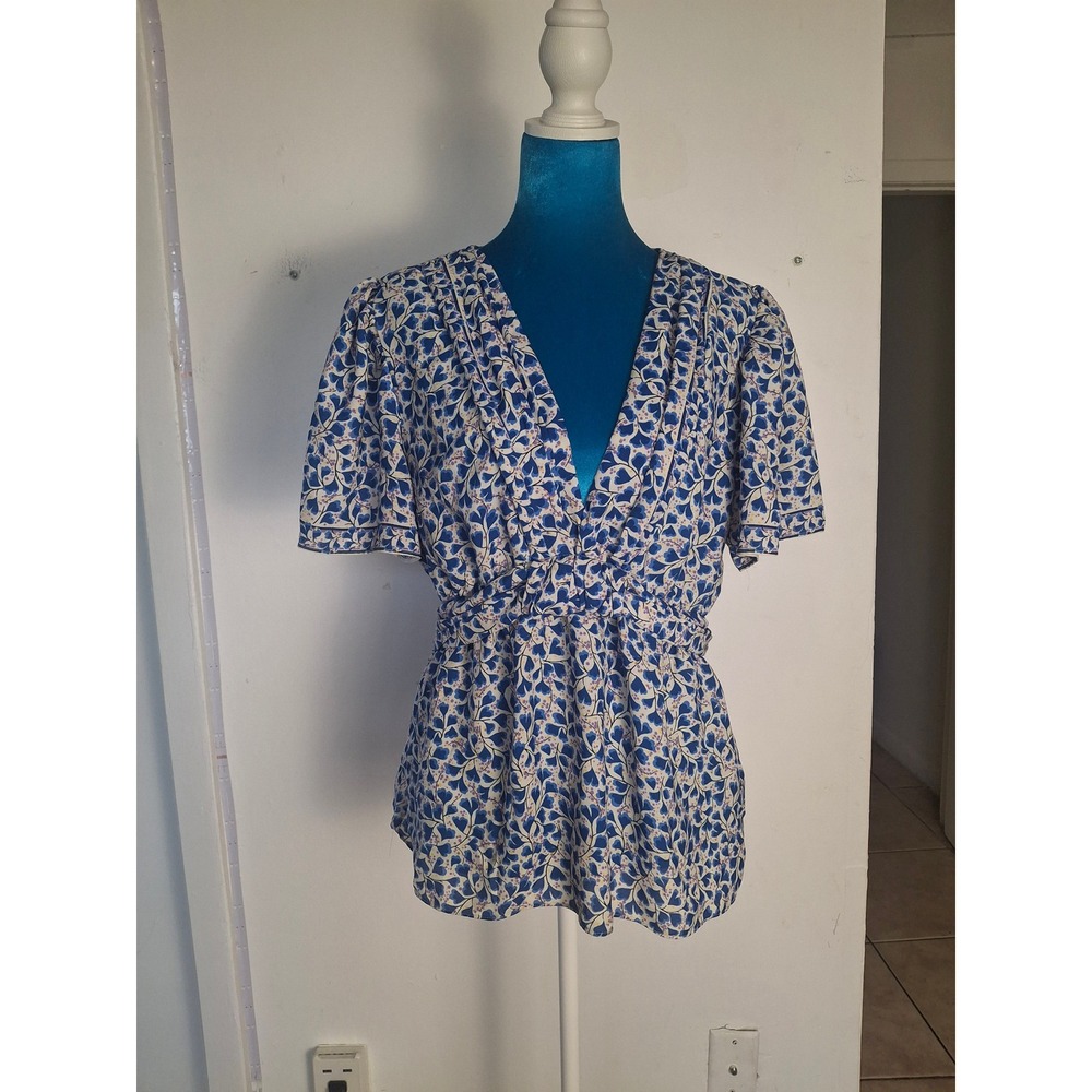 Max Studio Blue Floral V-Neck Smocked Waist Peplum Blouse XL 2704D30